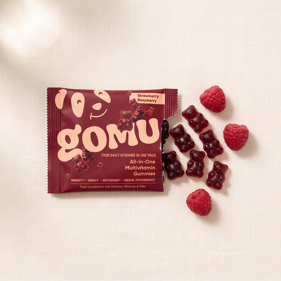 GOMU daily sachet opened with 8 strawberry raspberry gummy bears