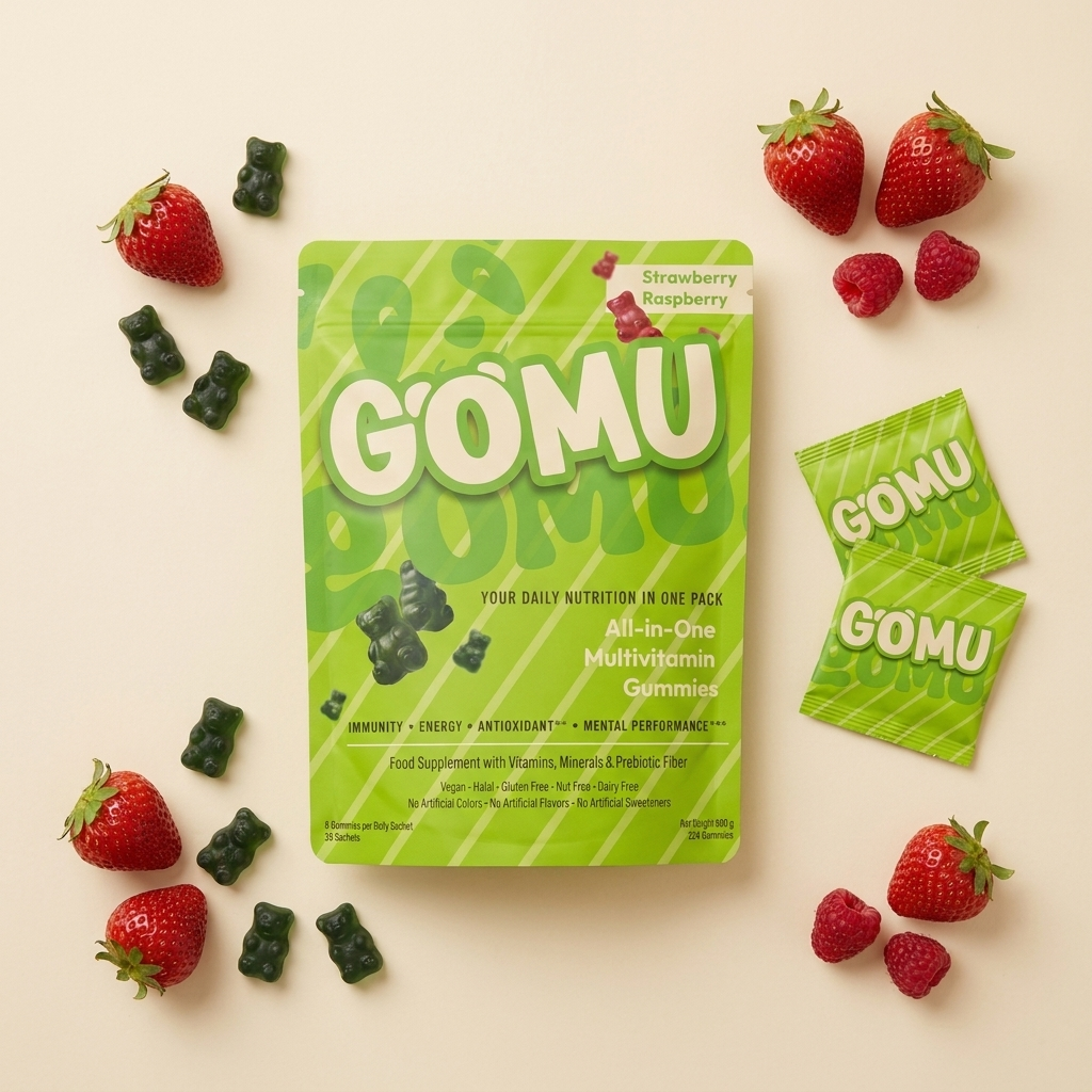 GOMU pouch, sachets and dark green gummy bears flat lay