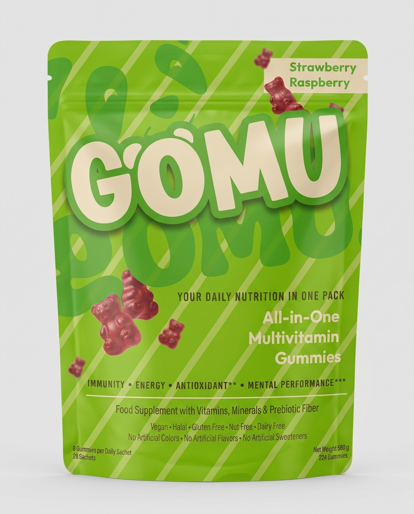 Gomu Daily all-in-one multivitamin gummies pouch, Strawberry Raspberry