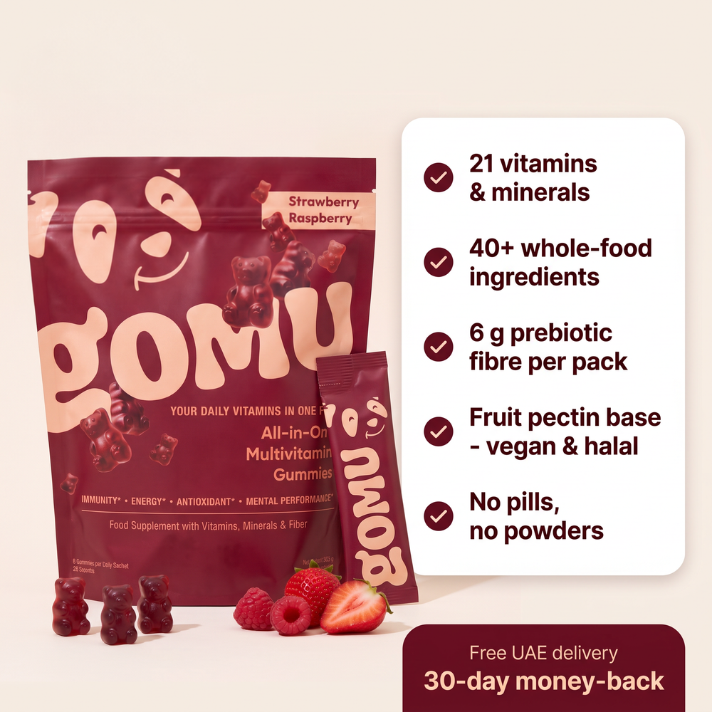 GOMU pouch with its daily pack and key facts