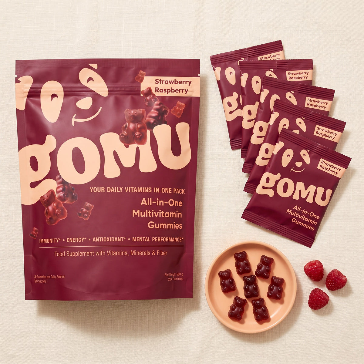 What's inside a GOMU pouch: 28 single-serve daily sachets, 8 gummies per sachet