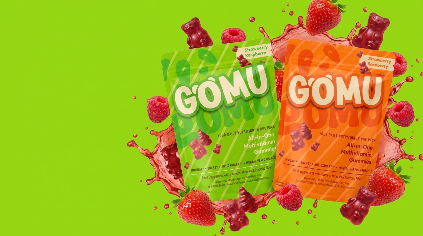 Gomu Daily and Gomu Kids pouches with fruit explosion