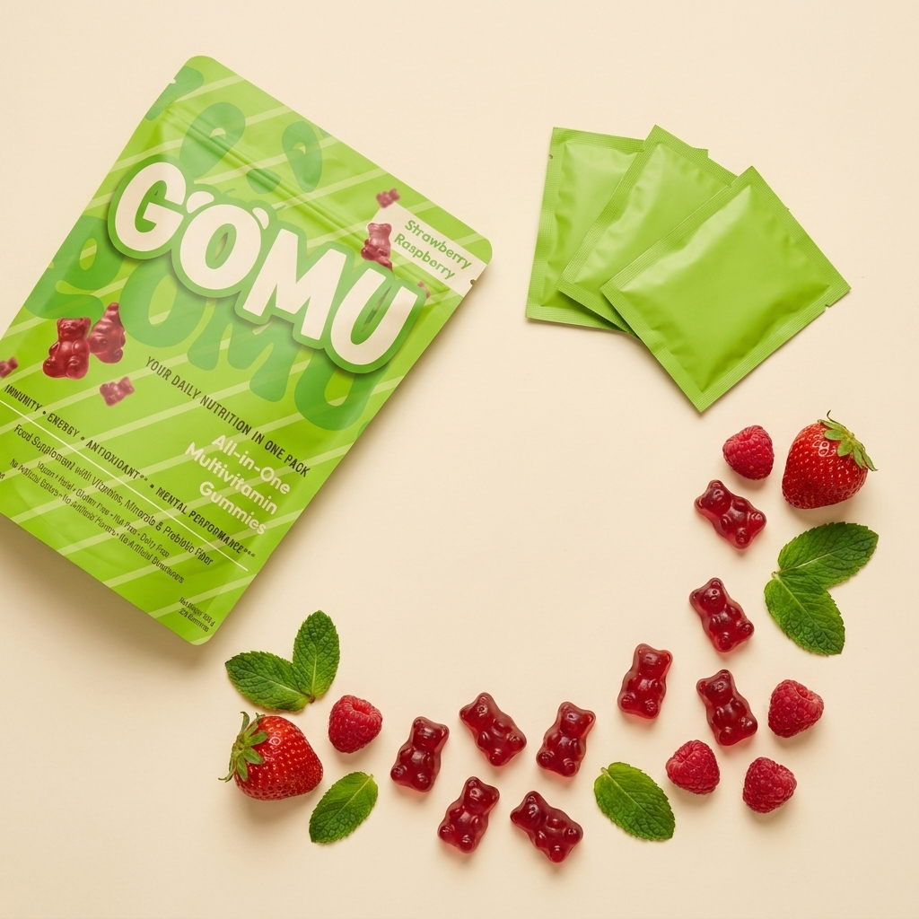 Gomu pouch, sachets and gummy bears flat lay