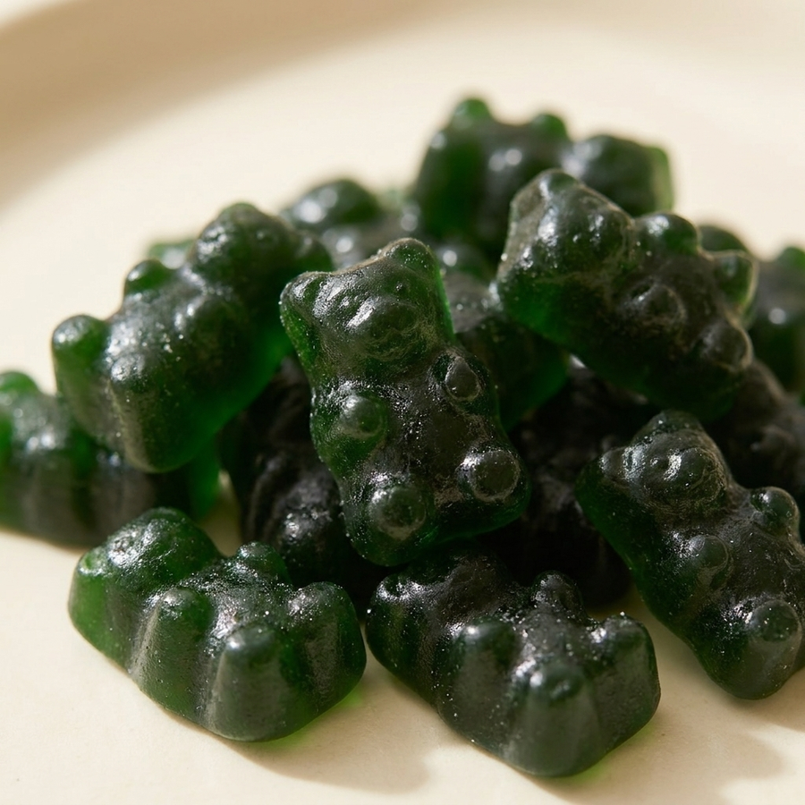 Dark green GOMU gummy bears macro close-up