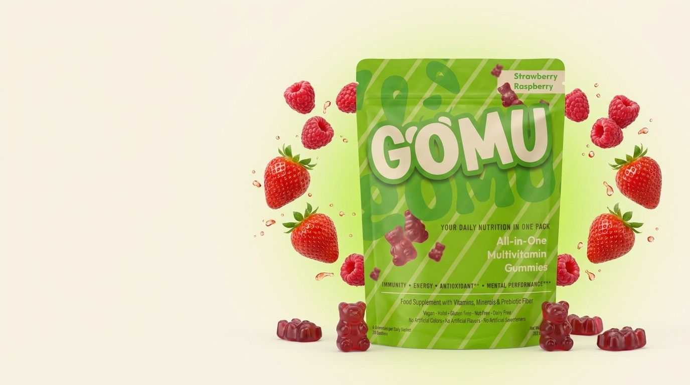 Gomu lime green pouch with strawberries and gummy bears