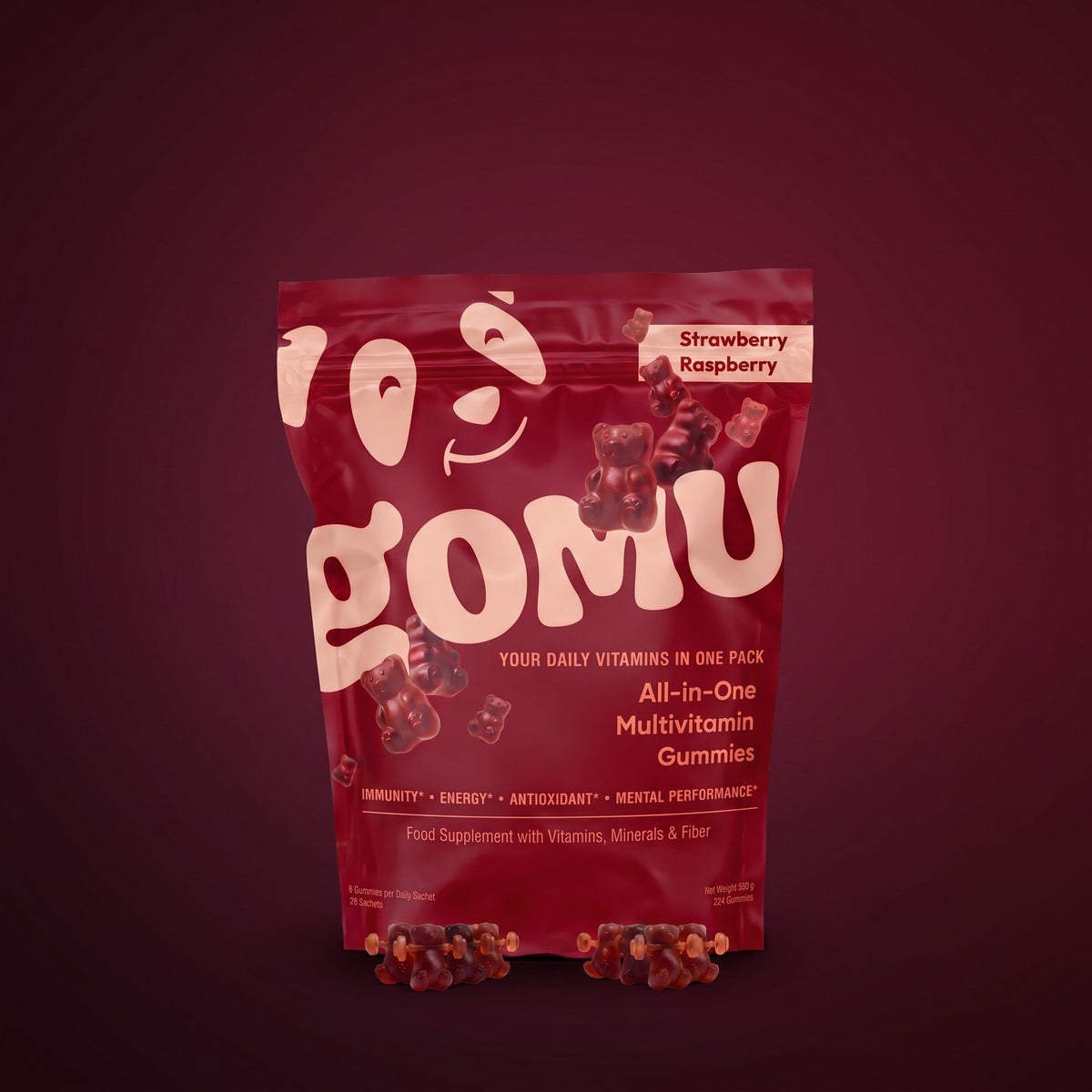 GOMU pouch with gummy bears on burgundy background