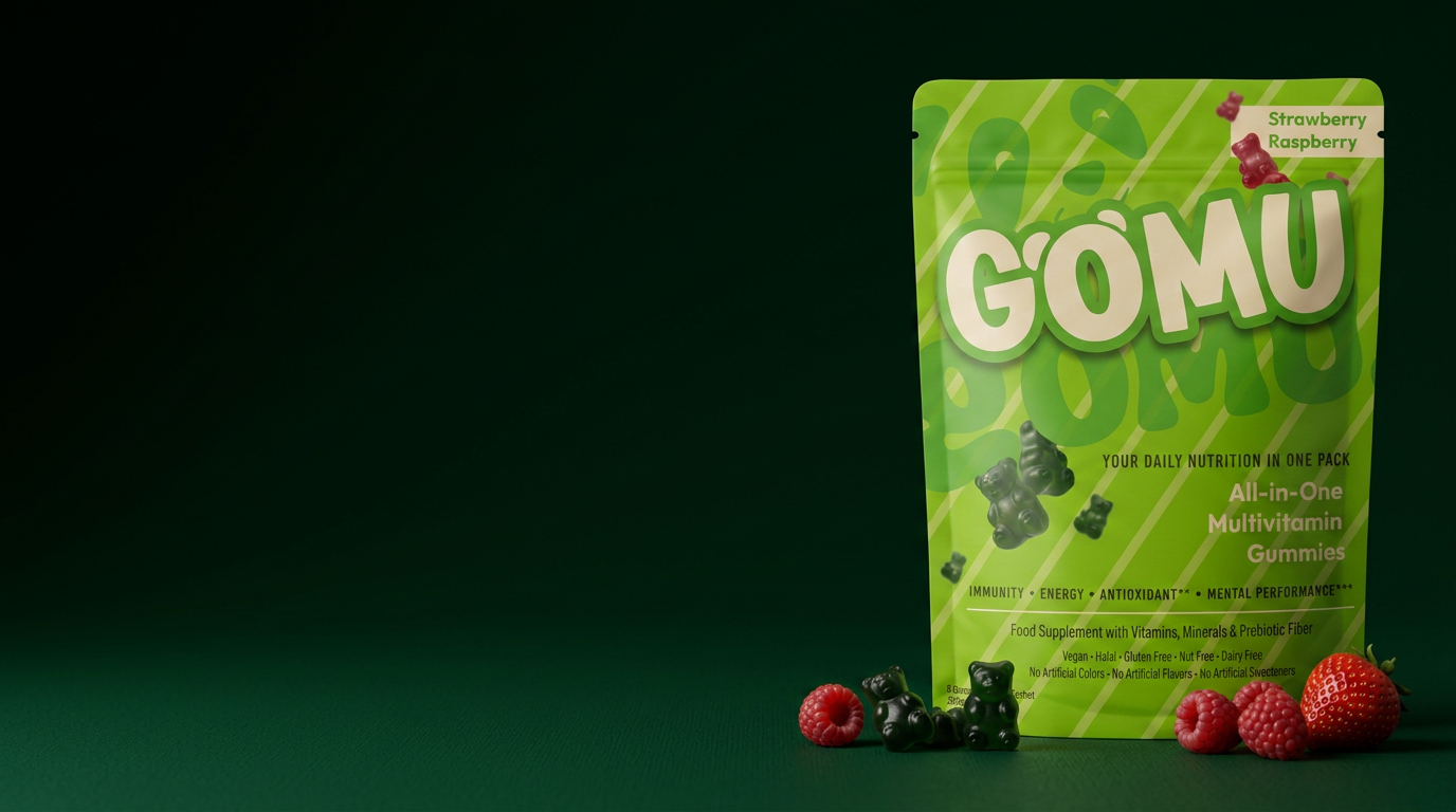 GOMU Daily pouch with dark green gummies on deep green background
