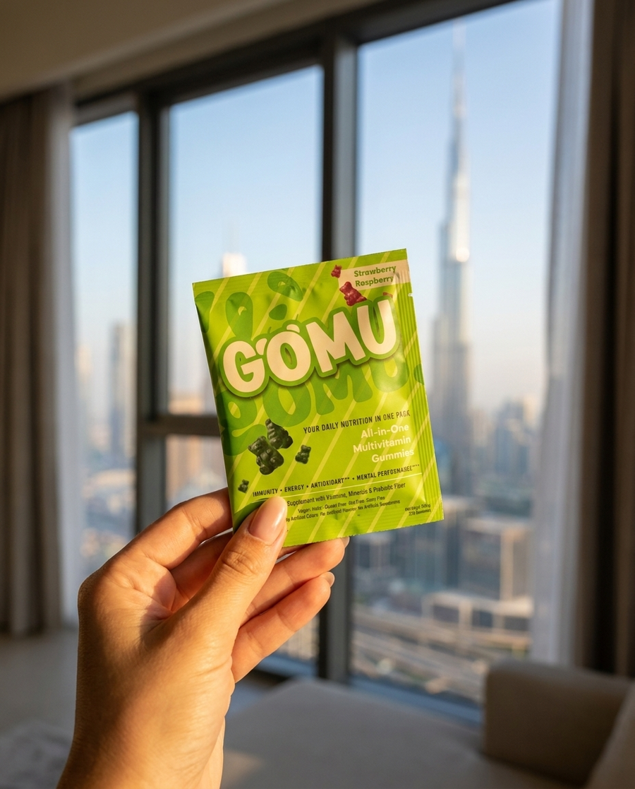 Woman holding a GOMU sachet at home in Dubai