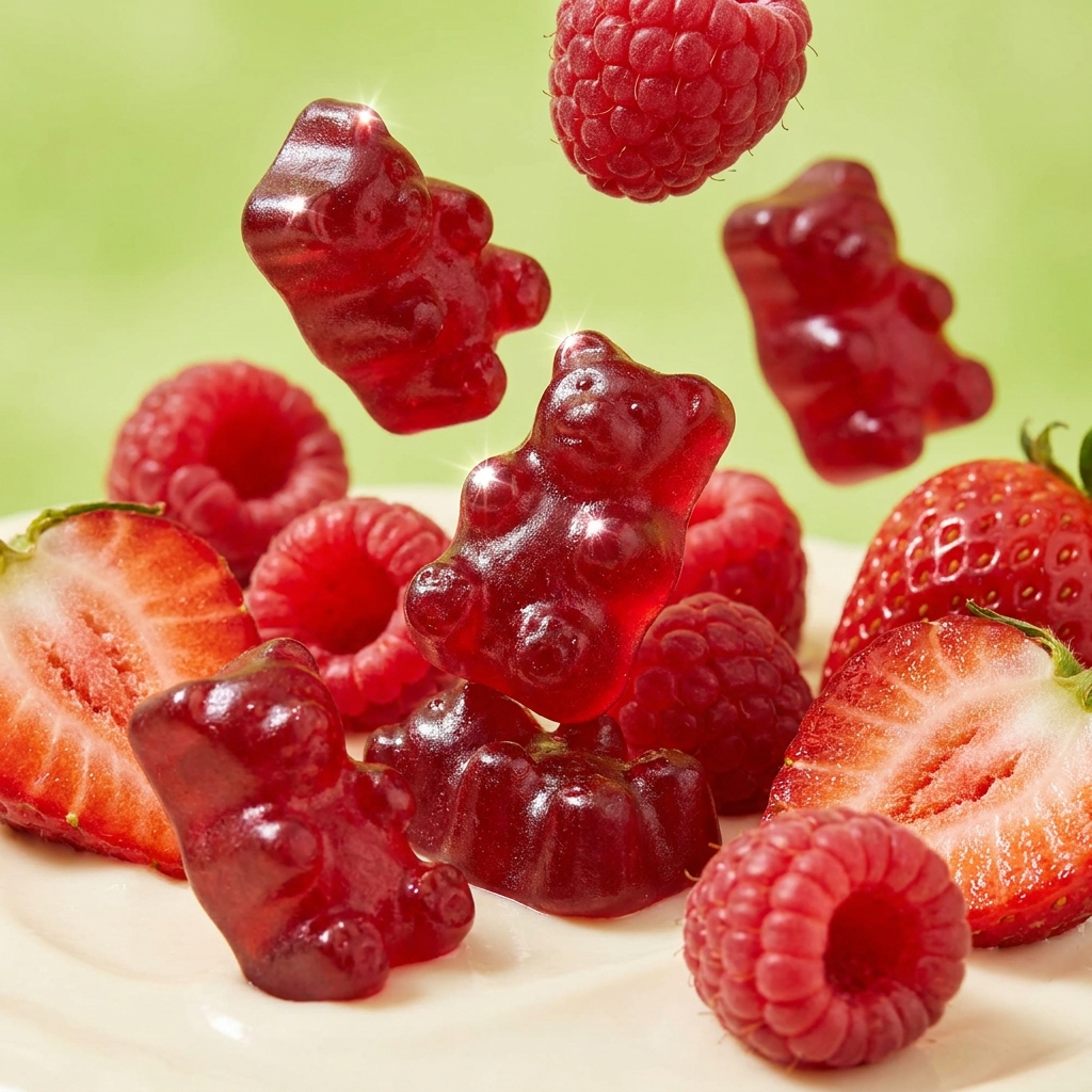 Gomu strawberry raspberry gummy bears close-up