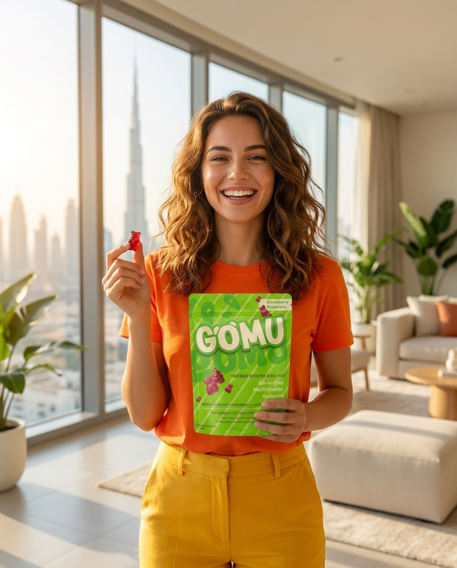 Woman holding a Gomu pouch at home in Dubai