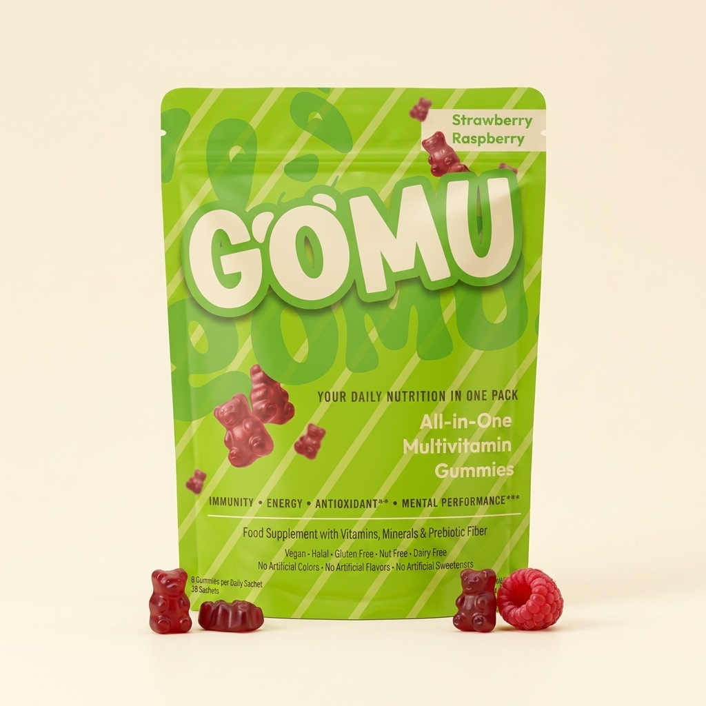 GOMU Daily pouch on warm cream background with gummy bears