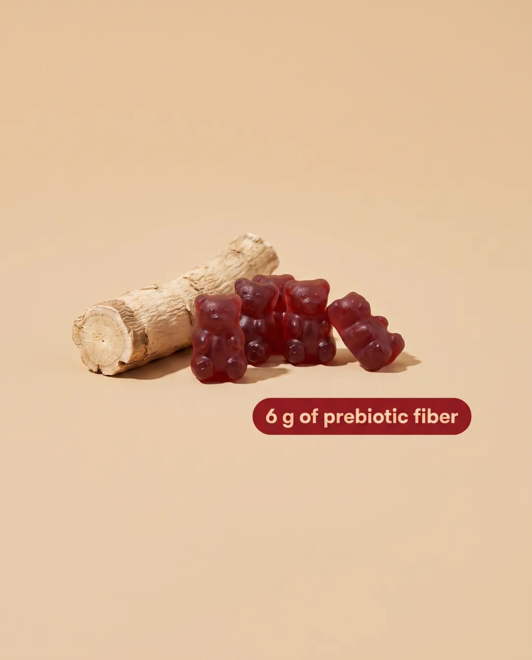 Chicory root beside GOMU gummies with a 6 g of prebiotic fiber callout