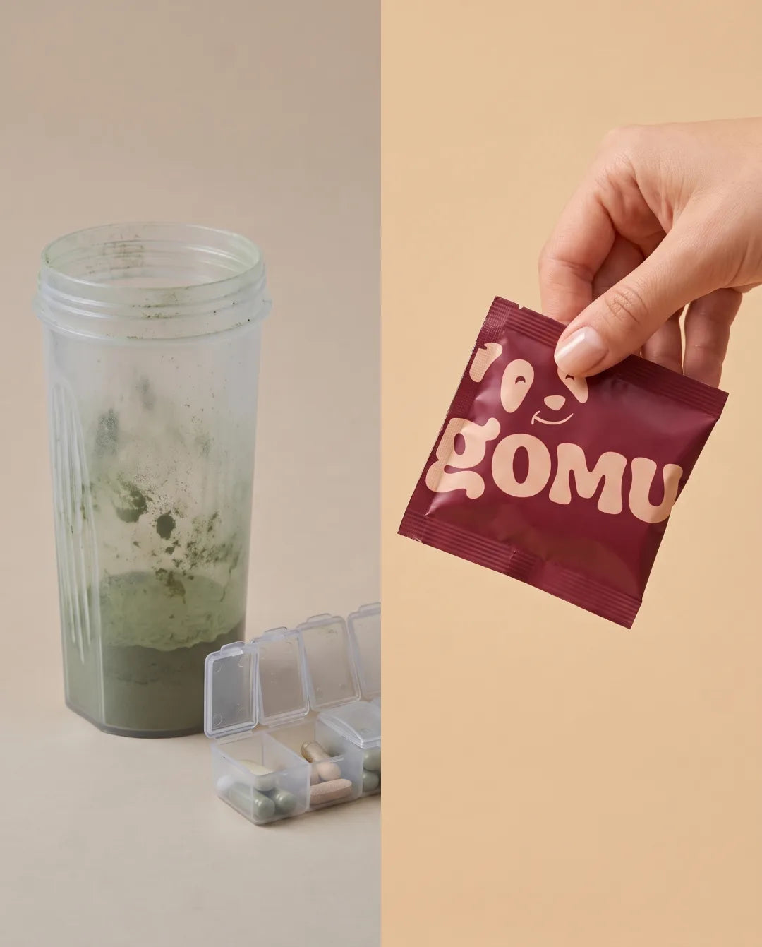 A used shaker and a pill organiser next to a clean GOMU daily pack