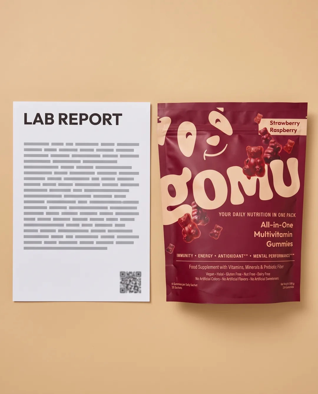 A lab report card lying next to the GOMU pouch