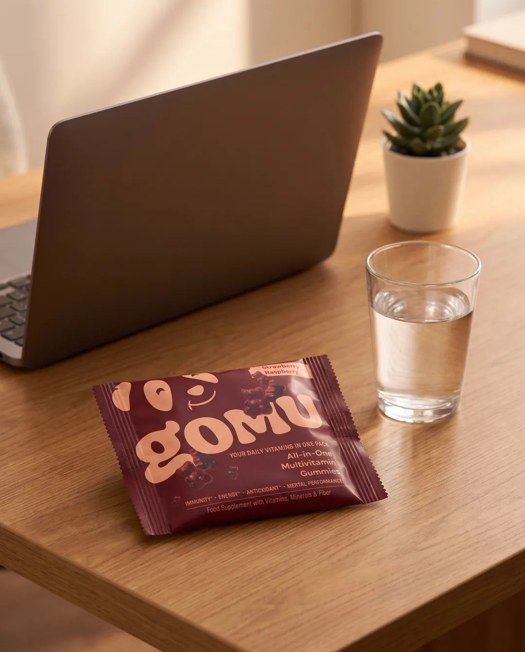A GOMU daily sachet on a desk beside a glass of water