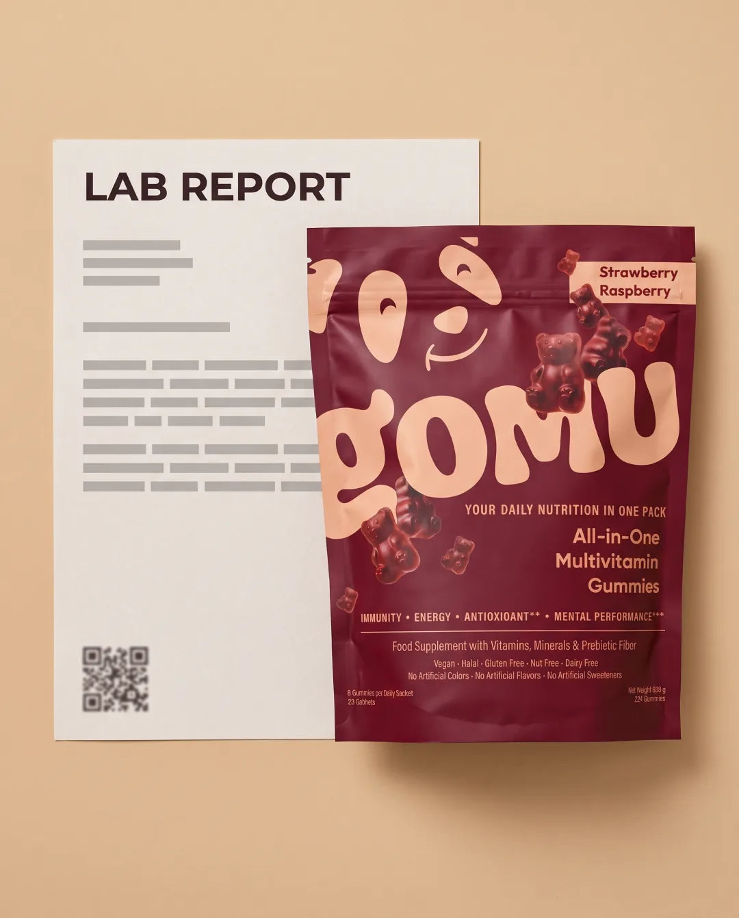 A lab report card beside the GOMU pouch
