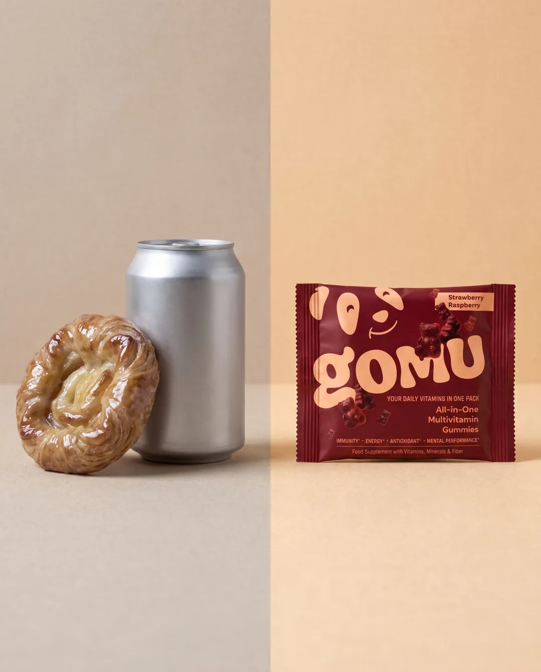 A plain soda can and a pastry next to a GOMU daily sachet