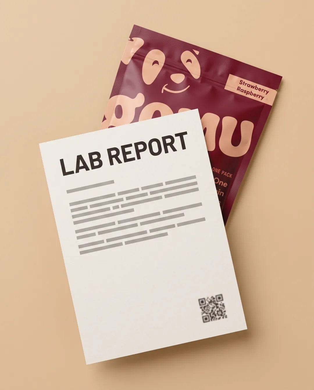 A lab report card tucked in front of the GOMU pouch