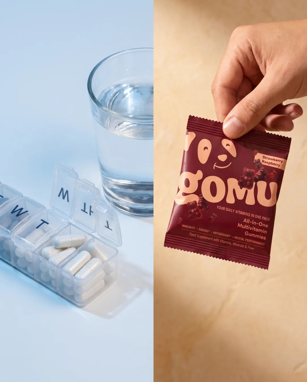 A pill organiser and a glass of water next to a GOMU daily sachet